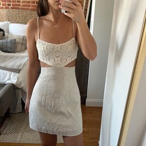 Zara combination crochet cut out dress xs summer mini linen tan beige white ecru